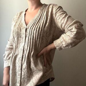 Pleated smocked cream tan lacy floral crochet style peasant blouse